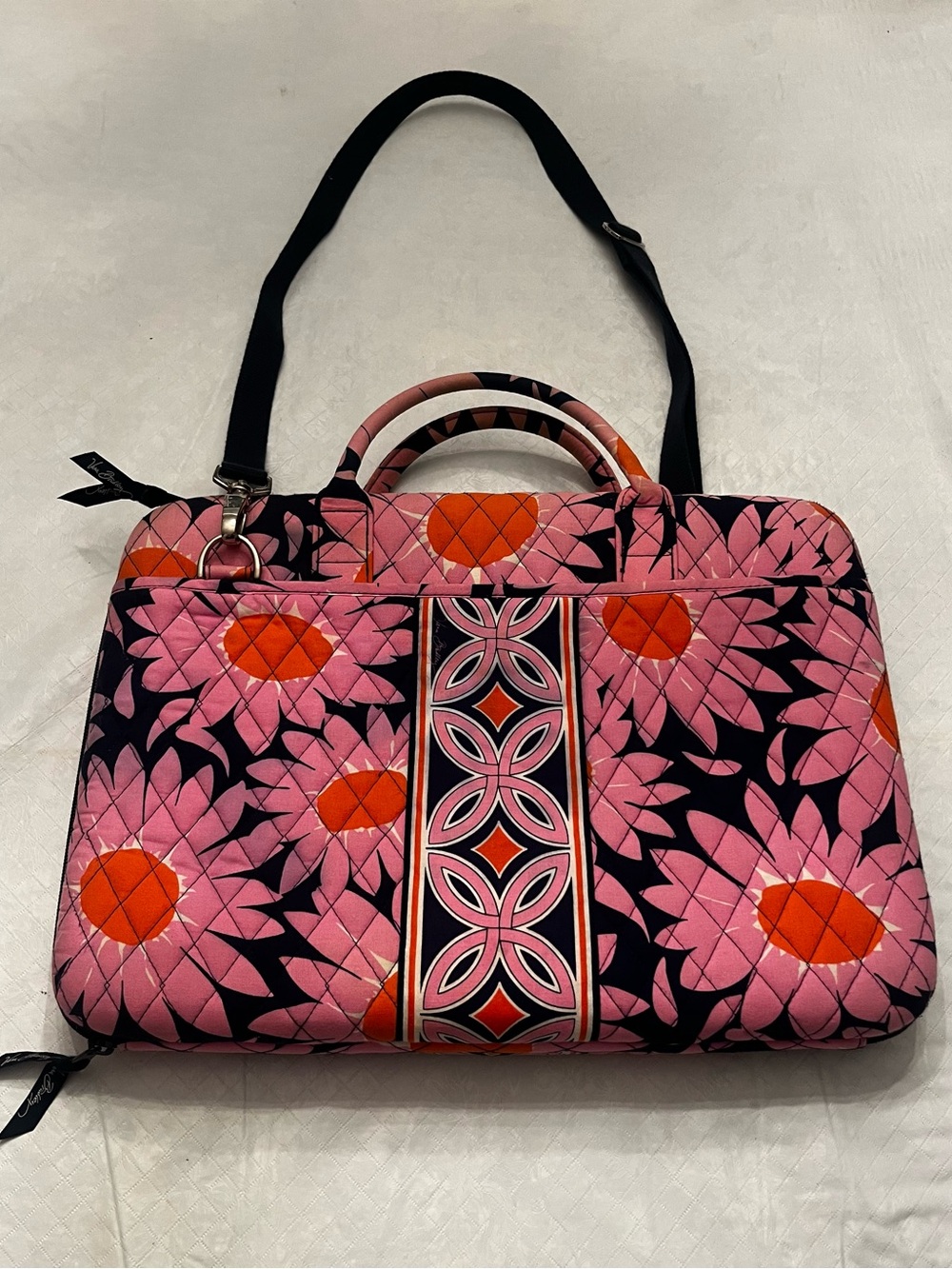 Vera Bradley large Pink Floral Quilted Laptop Bag with Orange Accents